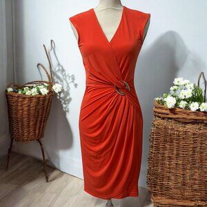 Cache Orange Office Siren Sleeveless‎ Faux Wrap Dress With Gold Accent Si…